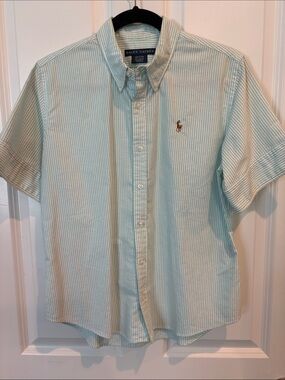 Ralph Lauren Light Mint and White Striped Short Sleeve Button-Down Polo Shirt